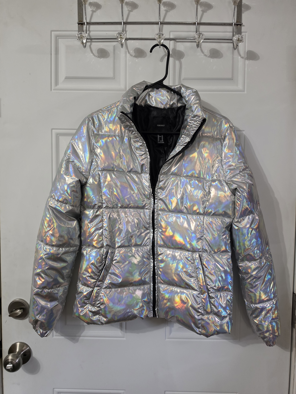 Forever 21 Holographic Silver Iridescent Puffer Jacket Size M